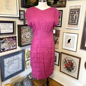 90s Vintage Deadstock Bright Pink Midi Dress with Ruffle Skirt and Strappy Back